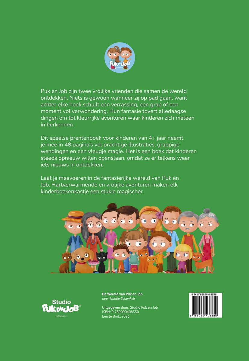 De achterkant van een kinderboek met een illustratie van Puk en Job, een groep kinderen en huisdieren.