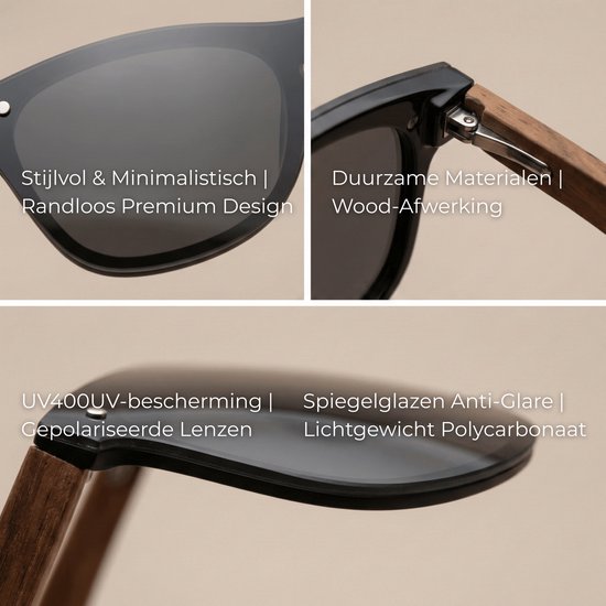 Lunettes de soleil sans monture FLAMENGO - Lunettes de soleil - Festival - Sport - Sports d'hiver - Plage - Lunettes de soleil de ski - UV400 - Polarisées - Convient aux femmes / hommes - Design élégant - Zwart avec pieds en bois - incl.