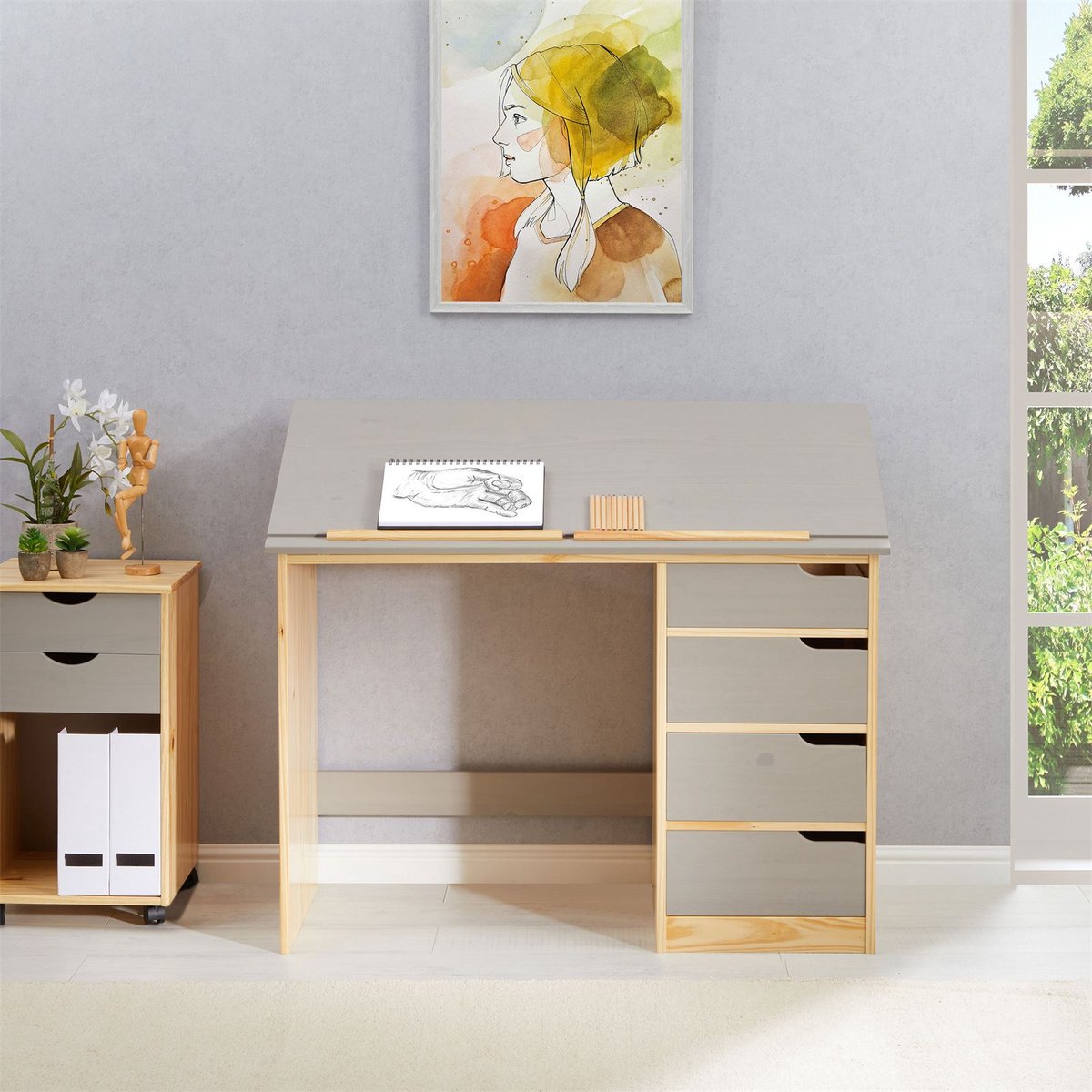 Kinderbureau EMMA van grenen met kantelverstelling naturel/grijs met 4 laden