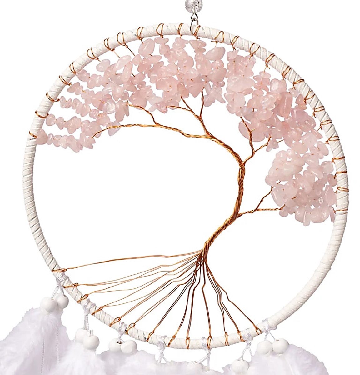 Dromenvanger Levensboom rozenkwarts - Roze - Veren - Handgemaakt - Liefde - Slaapkamer - Kinderkamer - Droom - 16 x 55 cm