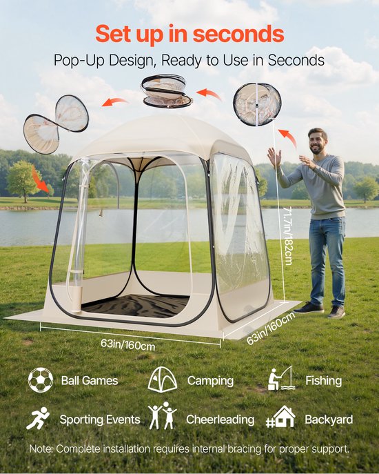 VEVOR Transparante Pop-up Tent Sporttent voor 2-4 Personen 160x160x182cm van Merkloos — afbeelding 3