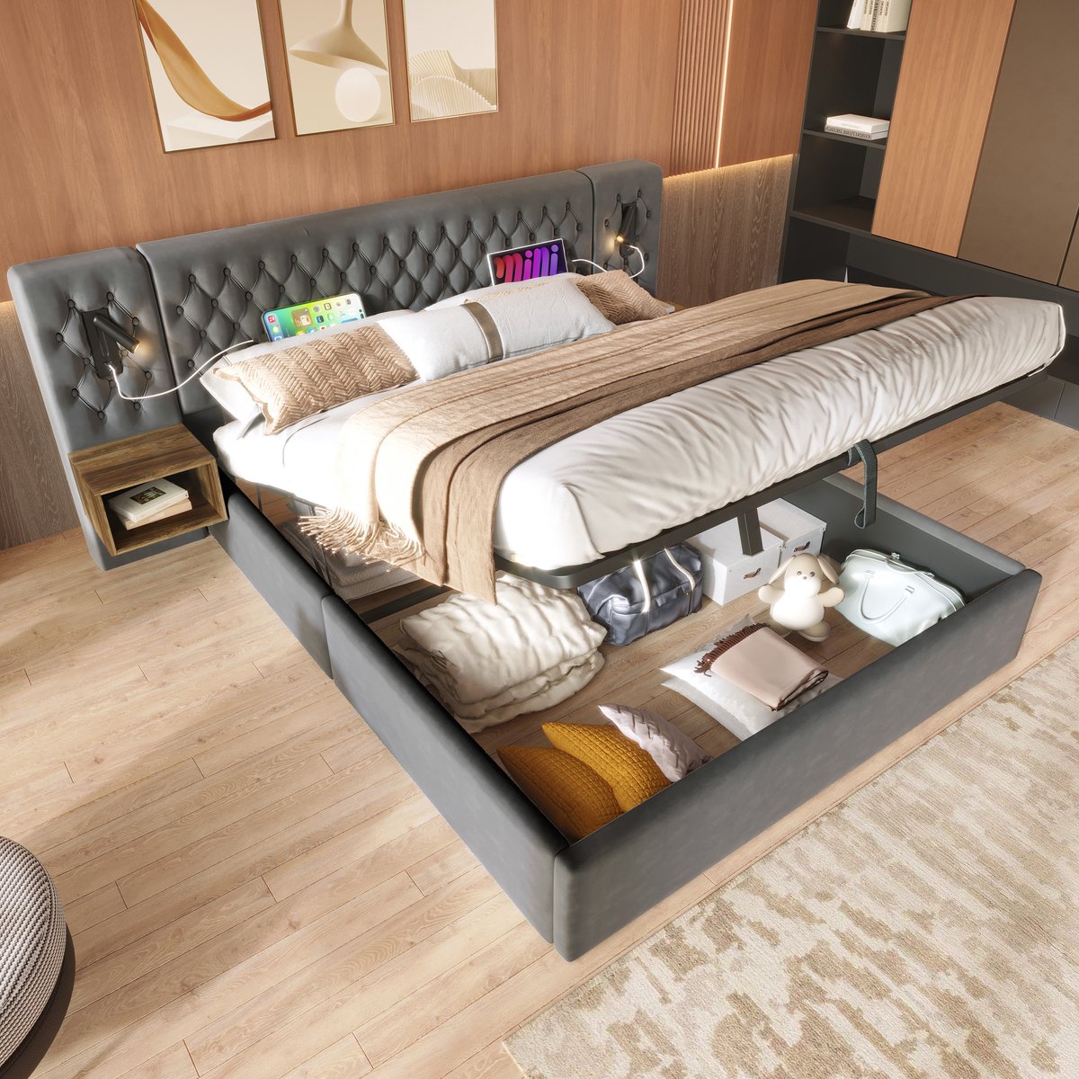 Wishdor Compleet Slaapkamer Set – Opbergbed 160x200 cm & 2 Nachtkastjes – USB/Type-C & Lee