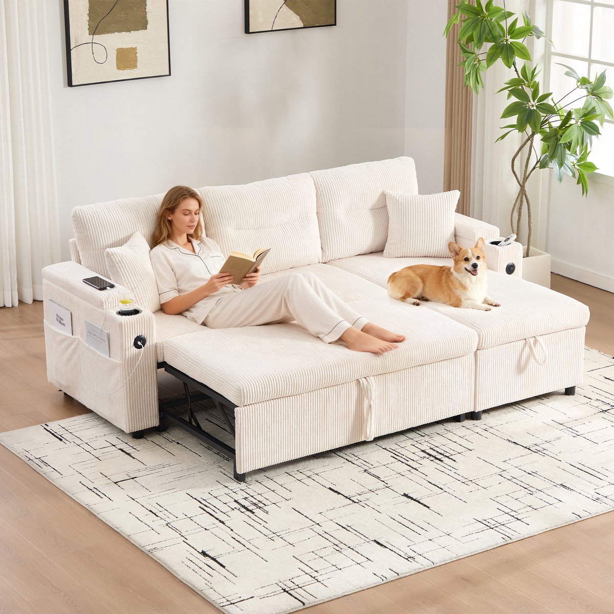 Slaapbank - 3-zits - Cord Sofa met USB-C - Hydraulische Chaiselongue en Ladebed - Ribstof - Grijs