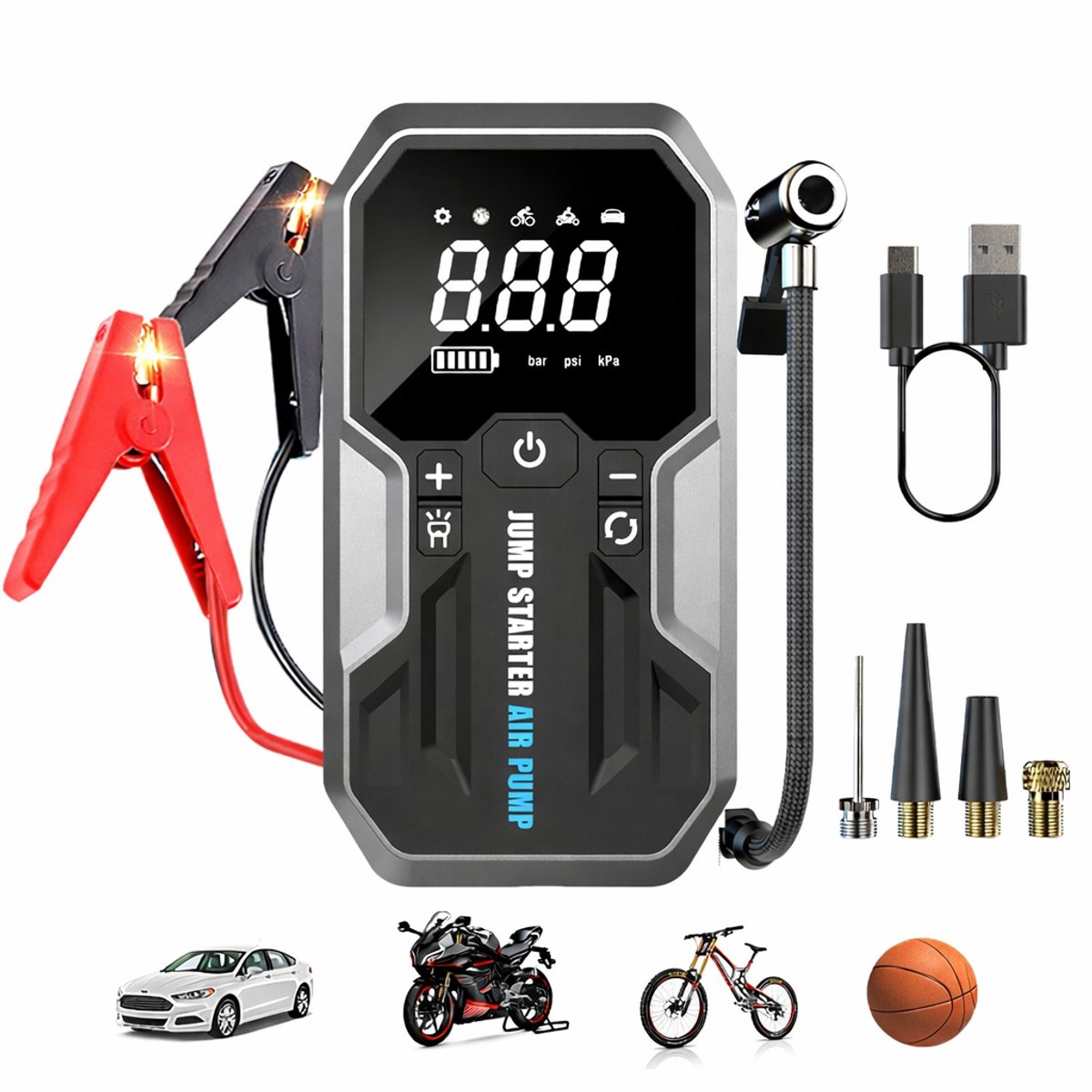 Jumalu 12V Jumpstarter & Accu Booster met Luchtpomp voor auto - 20.000 mAh - 4 in 1 Starthulp met Powerbank, LED Zaklamp en SOS Noodlicht - In Opbergkoffer -