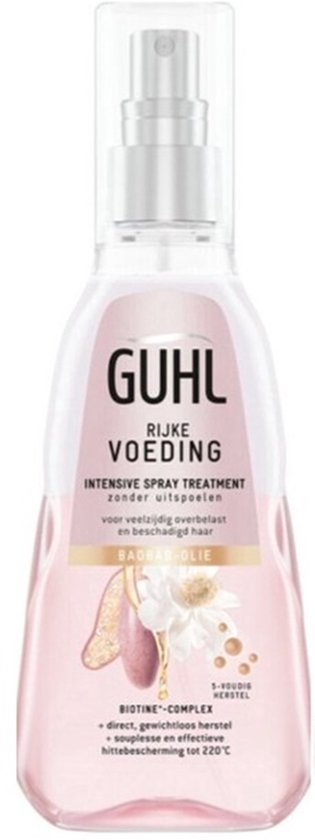 Fles Guhl Rijke Voeding Intensive Spray Treatment met roze vloeistof, gouden accenten en witte bloemen.