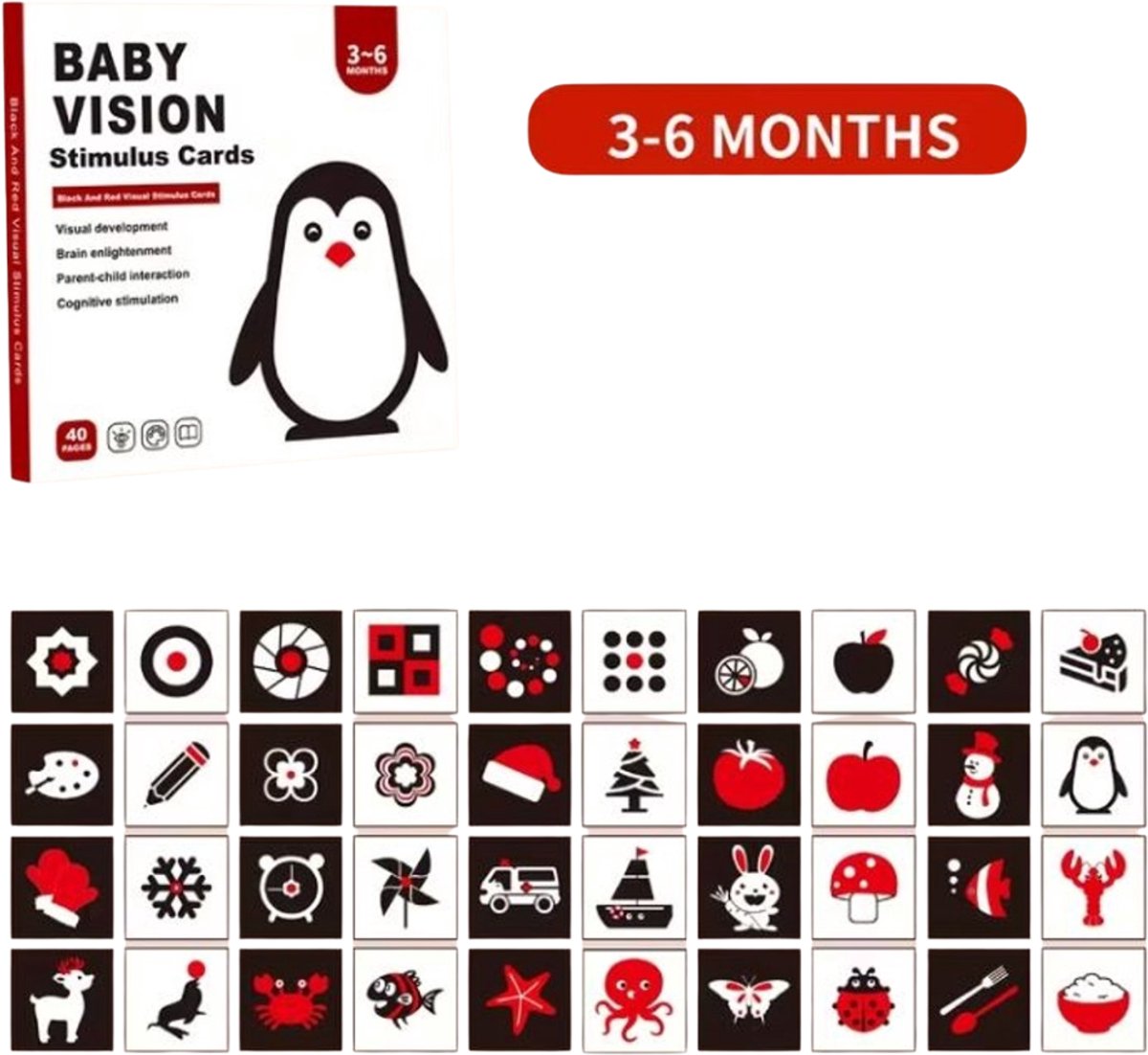 HHHK - Vision cards - Zwart wit Rood kaarten baby - Educatieve kaarten - Ontwikkeling - 3 6 maand - Hoog contrastkaarten- 40stuks