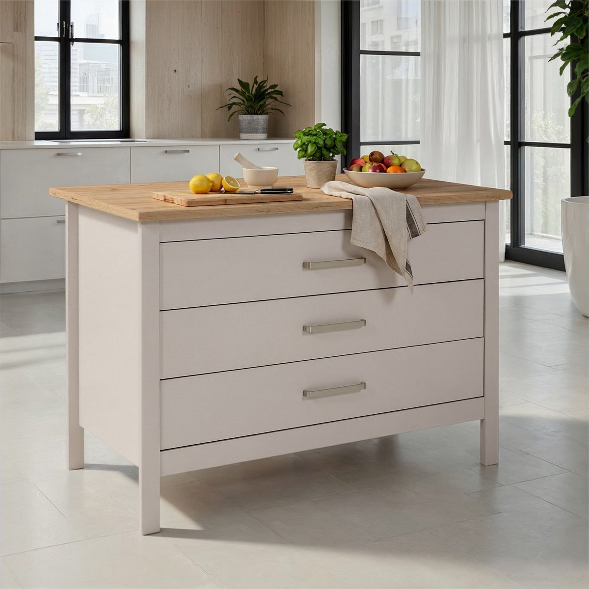 Interlink - kookeiland Piazza cachemire-warm wit en eik met 3 laden - 124x75cm