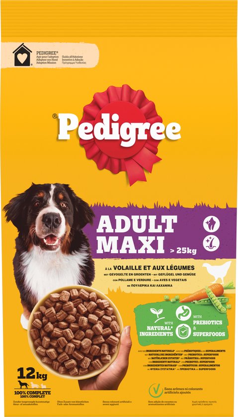 Gele zak Pedigree Adult Maxi hondenvoer met gevogelte en groenten. Met prebiotica & superfoods. 12kg.