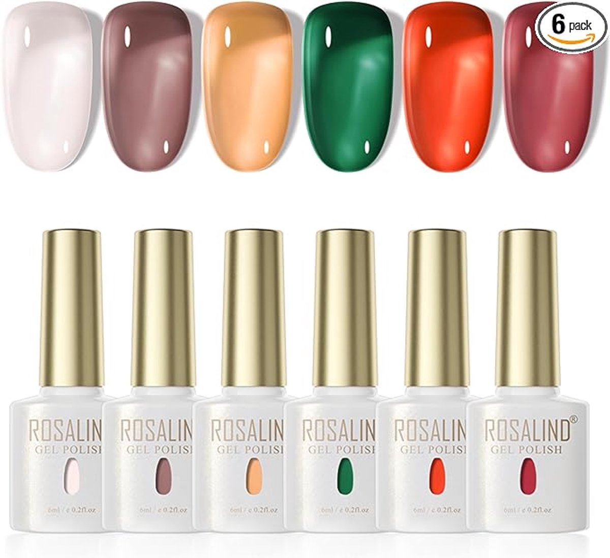 Nail Polish 6 Kleuren Set, UV/LED Nagellak Transparant Rood Lichtroze Groen Bruin