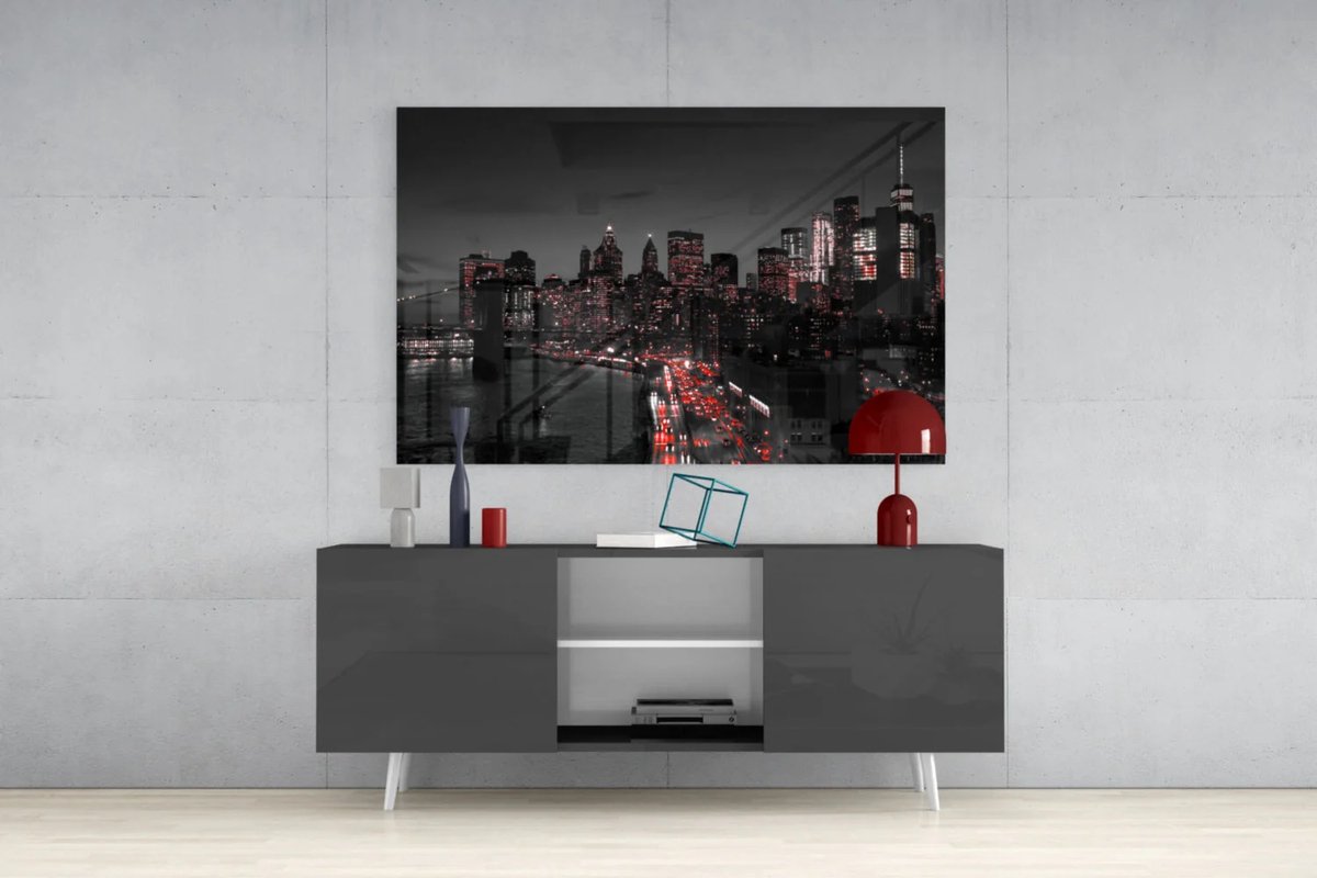Insigne Art Glasschilderij - New York Skyline - Nacht - 72x46 cm Zwart