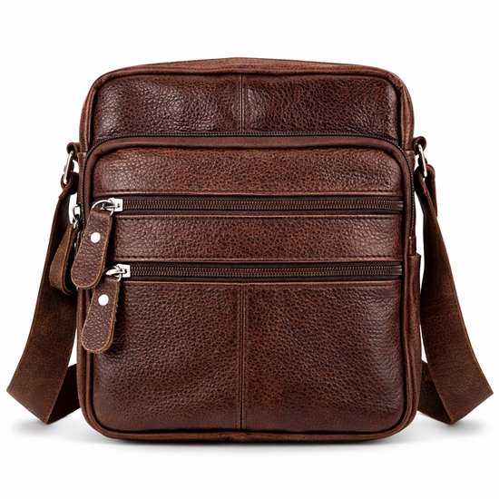 THL Design - Sac bandoulière en cuir homme/femme - Petit sac - 5 compartiments - Cuir véritable - Marron foncé