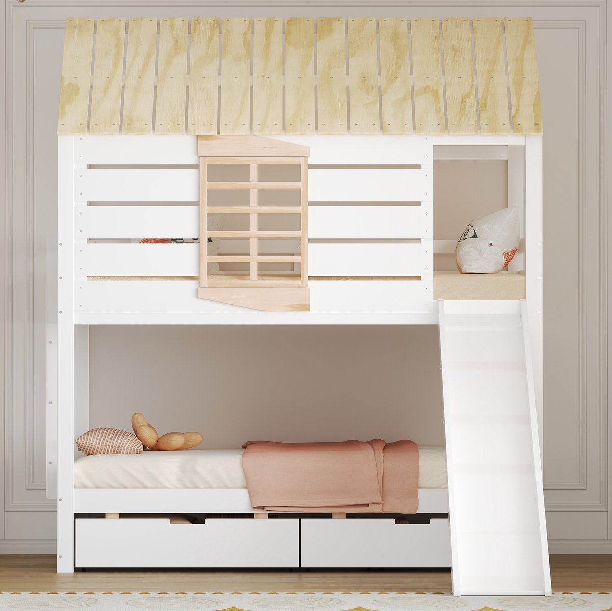 Wishdor Stapelbed 90x200 cm - Huisvorm & Glijbaan & 2 Lades - Grenen/MDF Wit/Naturel - Stapelbed met Glijbaan en Lades