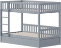 Grijs stapelbed met ladder, zonder matrassen, lamellen zichtbaar.