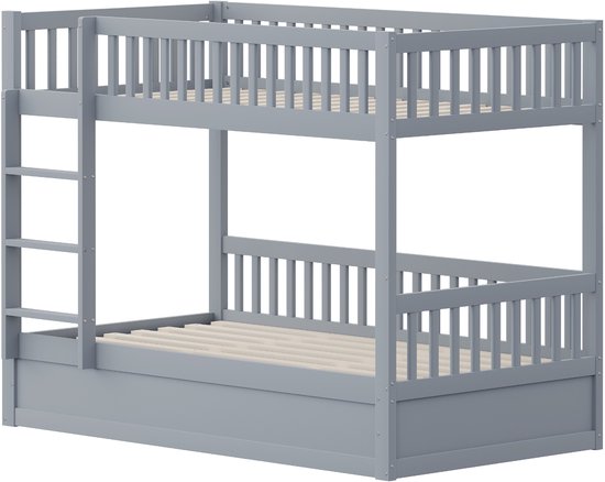 Grijs stapelbed met ladder, zonder matrassen, lamellen zichtbaar.