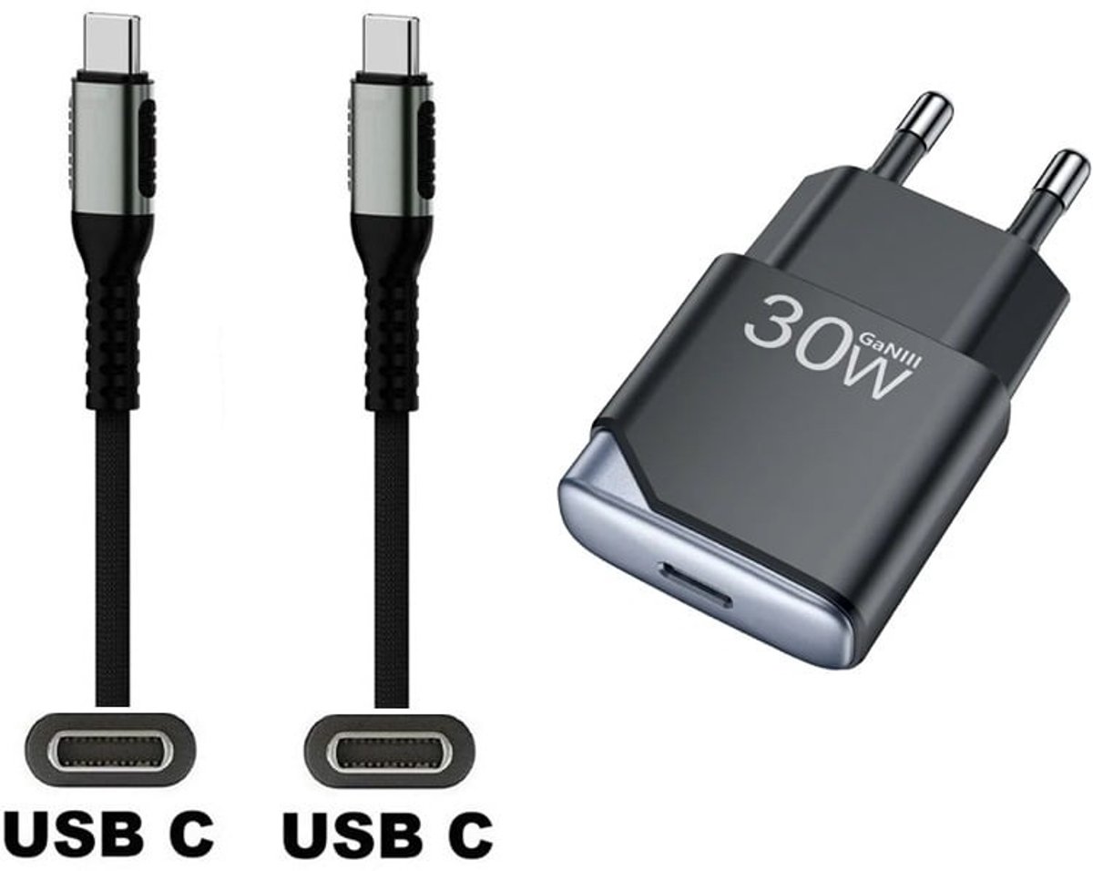 OneOne 30W snellader + 0,25m sterke USB C naar C kabel. GAN lader. PD PPS oplader adapter past op Apple iPhone 16 Pro Max, iPhone 16e, iPad 9, iPad 10, iPad Air 4, iPad Air 5, iPad Mini 6, iPad Pro 11, iPad Pro 12.9