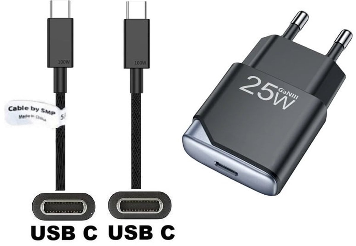 OneOne 25W snellader + 0,5m sterke USB C naar C kabel. GAN lader. PD PPS oplader adapter past op Google Pixel 7, 7 Pro, 8, 8a, 8 Pro, 9, 9 Pro, 9 Pro XL, 9 Fold, 10, 10 Pro, 10 Pro XL, 10 Pro Fold, C, XL