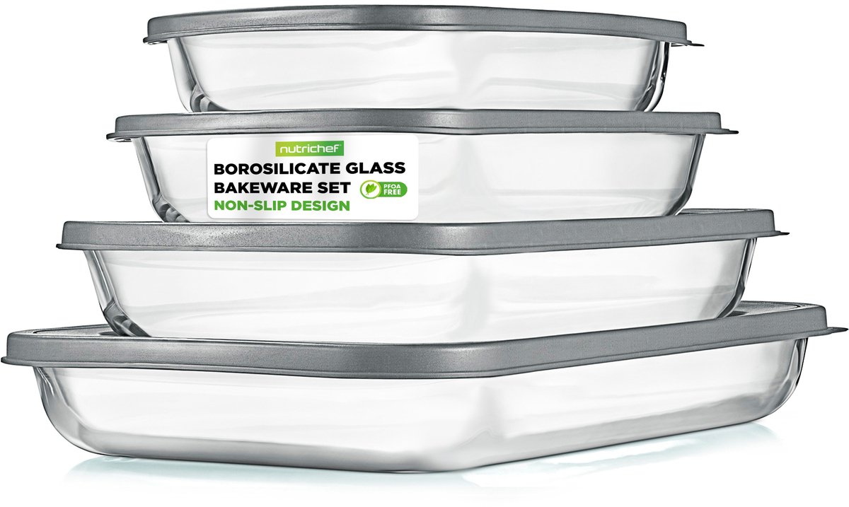 NutriChef Glazen Ovenschalen – 4-delige set stapelbare rechthoekige bakschalen met deksels – Oven-, vriezer- en vaatwasserbestendig met BPA-vrije deksels (blauw)