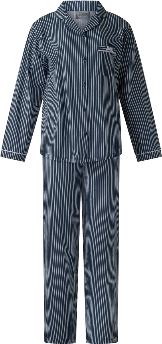 Lunatex dames pyjama 124239 met doorknoop - 100% katoen - donkerblauw met wit