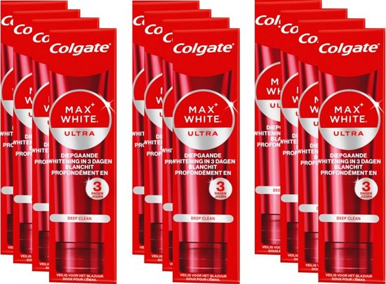 Quatorze tubes de dentifrice rouges Colgate Max White Ultra avec 'MAX WHITE ULTRA' dessus.
