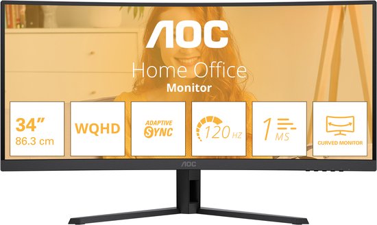 Een gebogen AOC monitor met specificaties: 34 inch, WQHD, Adaptive Sync, 120Hz, 1ms, curved monitor.