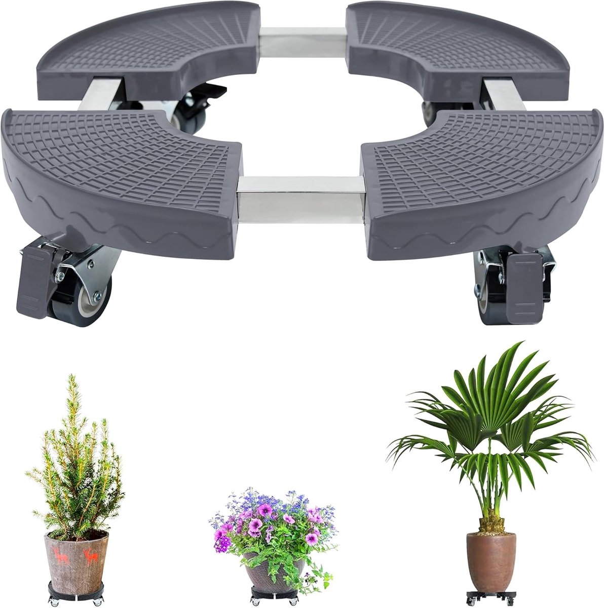 Plantroller Diameter 39-52 cm Verstelbare Bloemenroller Voor Planten met 360° Draaibare Wielen Transportmiddel voor Bloempotten Rolschotels Pallets voor Plantentransport Draagvermogen 300 Kg (Grijs) NAIZY