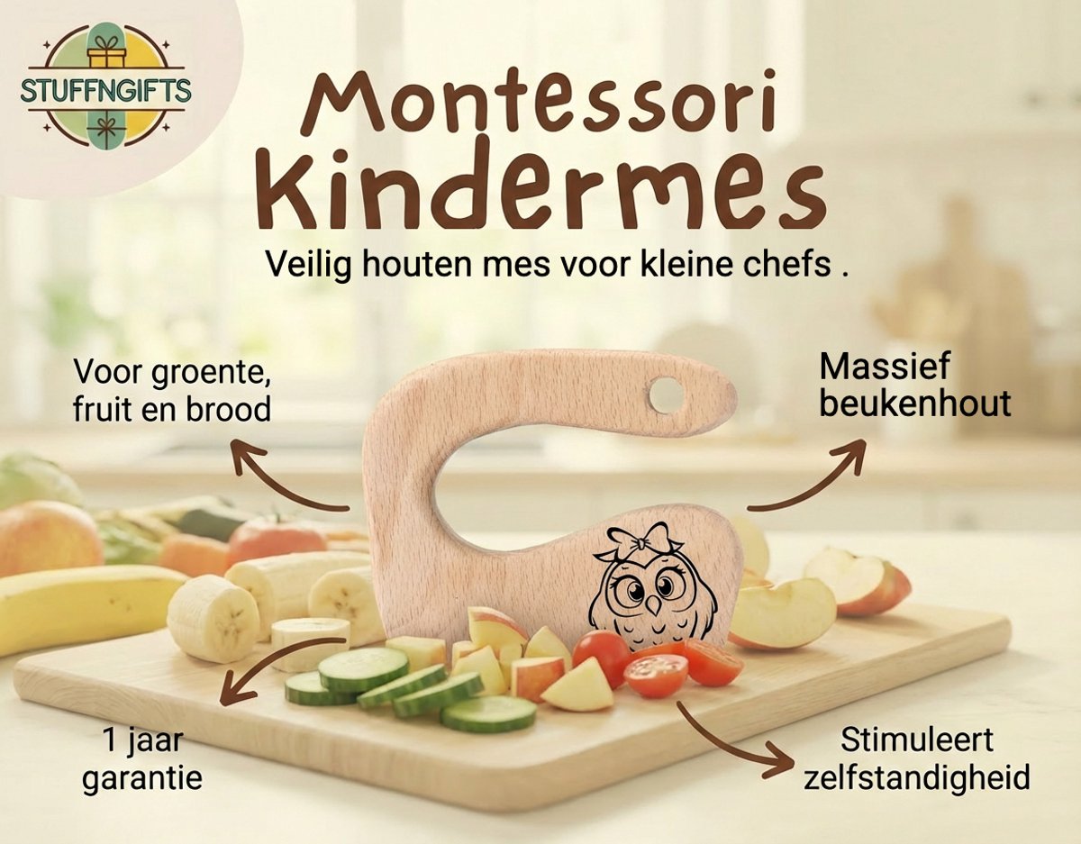 Montessori Houten Kindermes Uil editie - Kindermes - Houten mes - Peuter kok - Uil