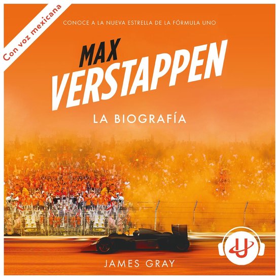 Boek "Max Verstappen. La biografía" met een F1-auto en een juichende menigte op de achtergrond.