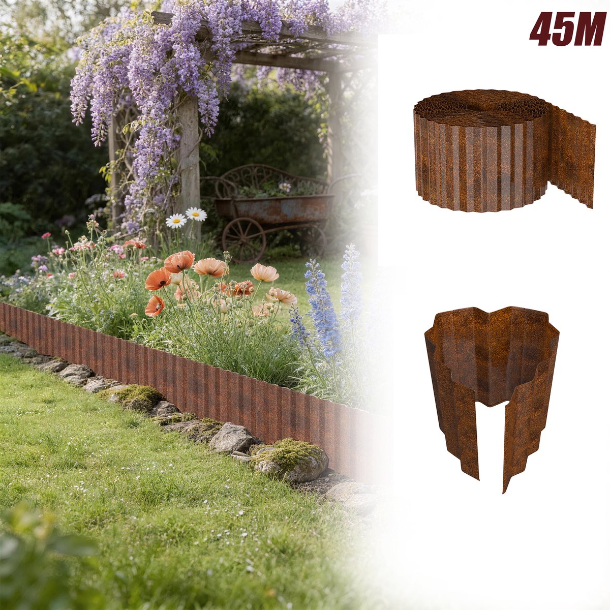 Aufun 9 Stuks Gazonrand 5 m - Roestkleur- 18cm Hoog - Gegalvaniseerde maairand - Voor tuin en gazon