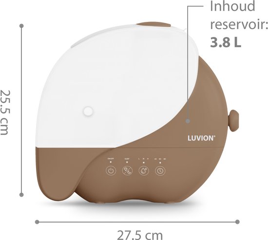 Bruine Luvion luchtbevochtiger met witte kap, 27,5 cm breed en 25,5 cm hoog. Inhoud reservoir 3.8L.