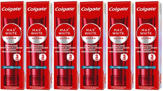 Dentifrice Colgate Max White Ultra, 6 tubes de 75 ml avec 'Freshness Pearls' et le texte 'Blanchiment profond en 3 jours'.