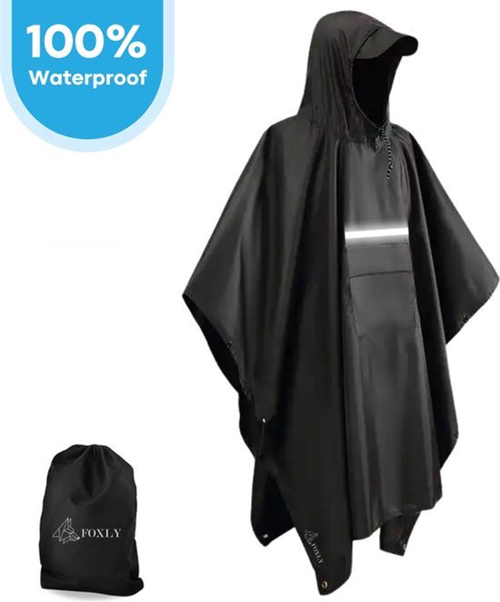 Waterdichte Regenponcho met Opbergtas - Winddicht & Sneldrogend | Unisex (One Size) | Ideaal voor Fietsen & Festivals | Zwart