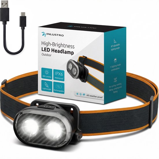 Koplamp met twee lampjes, oranje en zwarte hoofdband, USB-kabel en verpakking. Koplamp is IPX6 waterdicht.