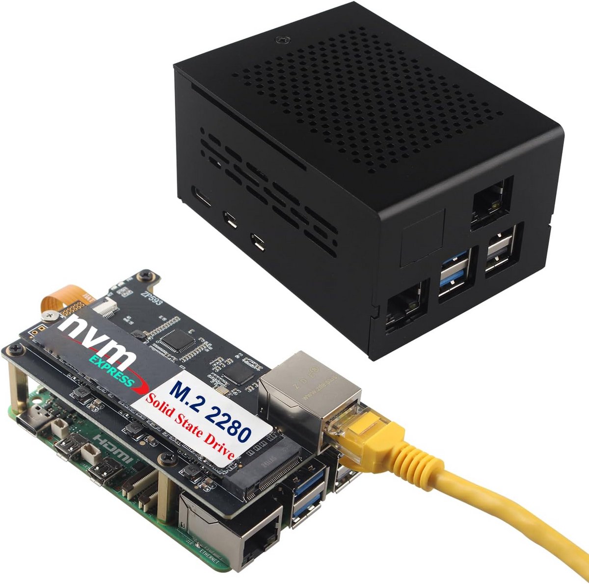 M.2 NVMe SSD en 2.5G Ethernet PCIe Uitbreidingskaart voor Raspberry Pi 5 met Aluminium Behuizing