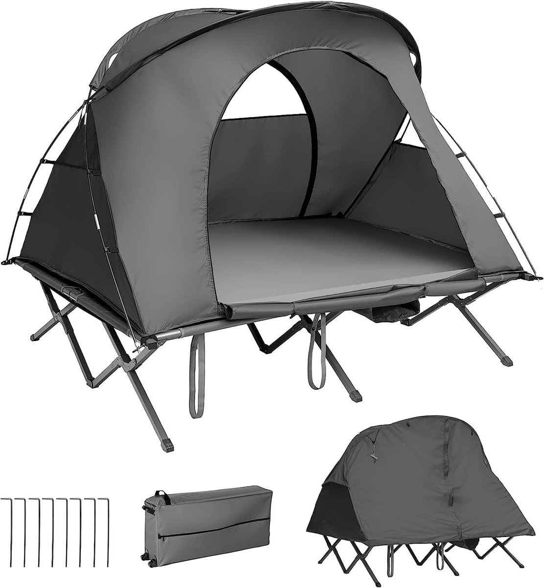 KOMFOTTEU Veldbed met tent voor 2 personen, 4-in-1 campingtent, waterdicht, met regenhoes, luchtmatras, kussen, draagtas op wielen, campingbed, campingbed voor wandelen en picknick