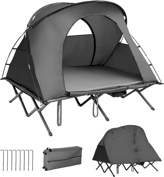 KOMFOTTEU Veldbed met tent voor 2 personen, 4-in-1 campingtent, waterdicht, met regenhoes, luchtmatras, kussen, draagtas op wielen, campingbed, campingbed voor wandelen en picknick