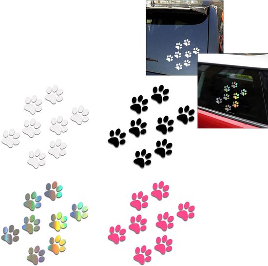 Vier sets met pootafdrukstickers: wit, zwart, holografisch en roze.