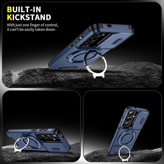 Donkerblauw telefoonhoesje met ingebouwde kickstand en ring.