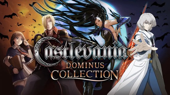 De Castlevania Dominus Collection-hoes toont vier personages: een vrouw met een boek, een man met een hoed, een vrouw met lang zwart haar en een man met wit haar.
