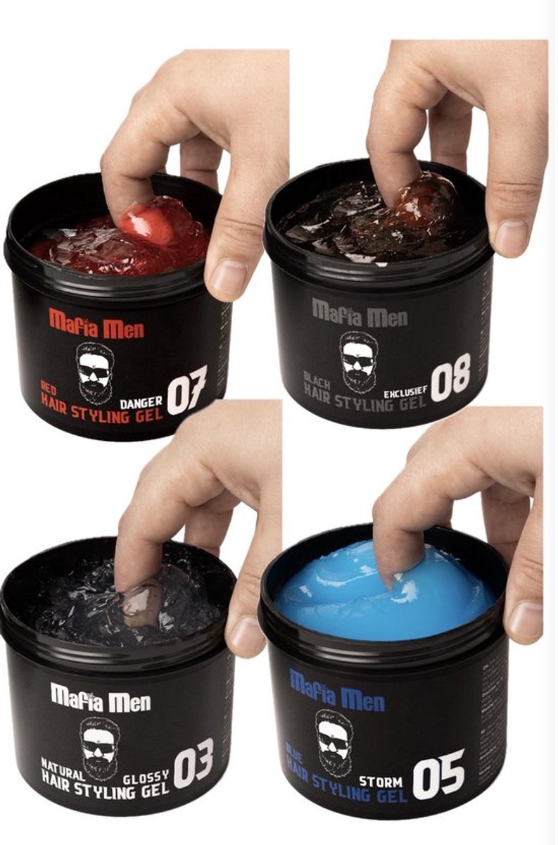4-Pack Mafia Men Haar Gel Zwart Hairgel 2000ml- Black-Blauw-Transparant-Red Haargel Styling gel- Hair gel- Aqua gel- Gel op water basis Gel Styling Glans- Shiny look gel 2000 ml voordeelpack