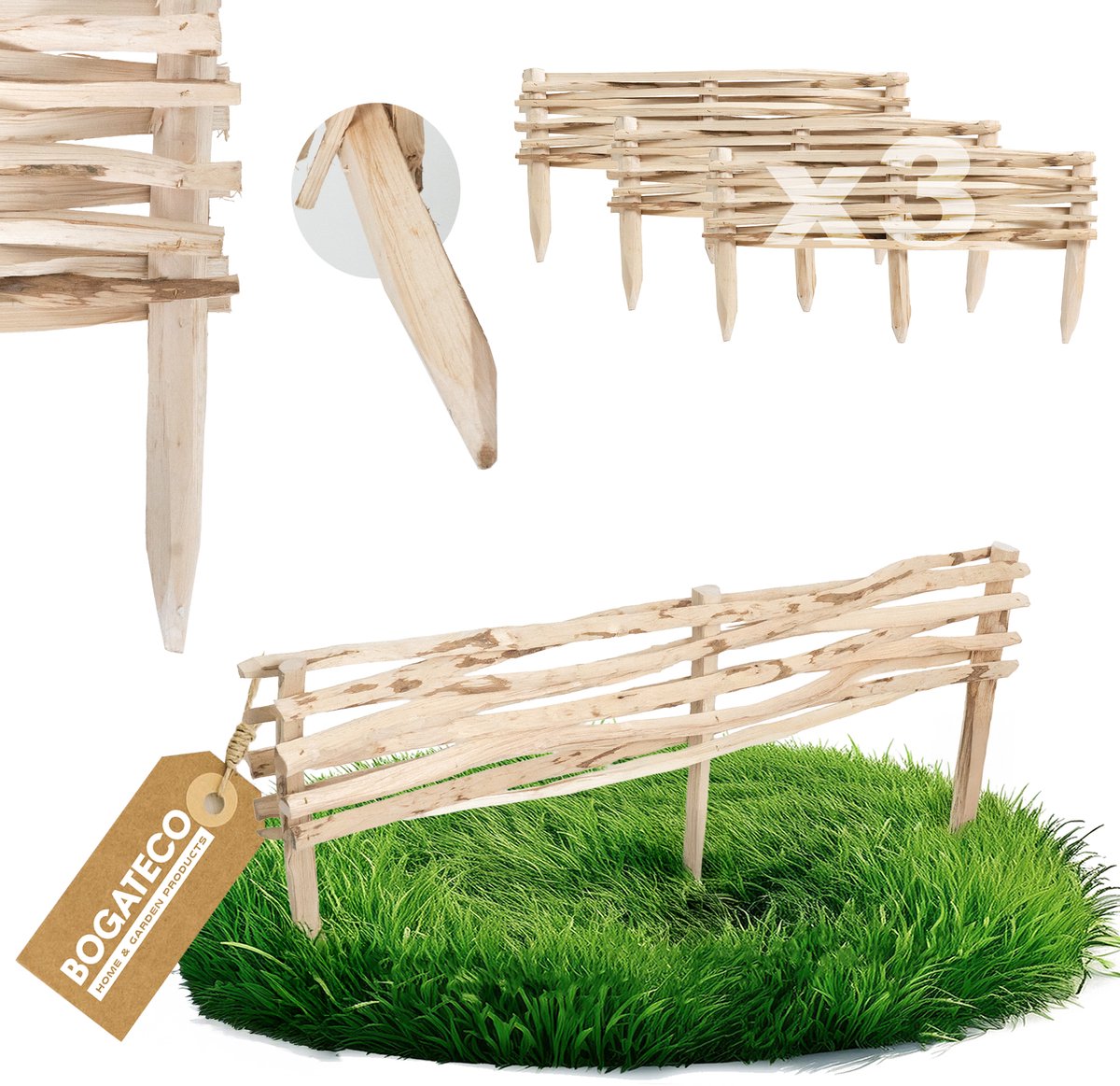 BOGATECO Hazelnoot Insteekhek Set van 3 - 120 x 20 cm - Tuinhek & Bedborder - Natuurlijk Pikethekwerk - Natuurlijk