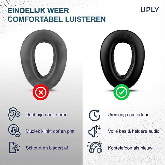 Vergelijking van oude en nieuwe UPLY oorkussens. Nieuw: comfortabel, volle bas, heldere audio.