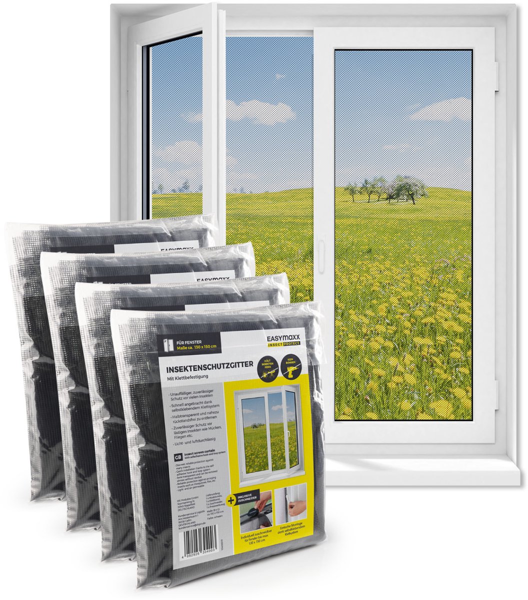 EASYmaxx Insect Protect | hor met klittenbandsluiting | vliegenhor raam | op maat geknipt muskietennet tot 130 x 150 cm | zelfklevend klittenband | niet boren , zwart, 4 stuks