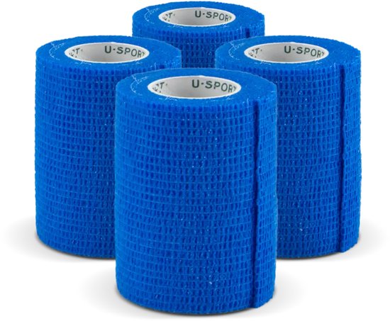 Quatre rouleaux de bandage de sport bleu auto-agrippant sur fond noir.