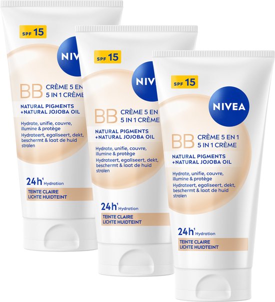 NIVEA Essentials 5in1 BB Dagcrème Licht SPF 15 - BB Cream - Jojoba-olie - Hydrateert en Camoufleert - Gekleurde Dagcrème - Voordeelverpakking 3x50 ml