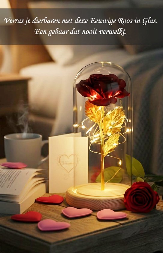 Rose en Glas avec LED - Rose dorée dans une cloche en Verres - Connu de la Beauty et la Bête - Cadeau pour une amie mère elle - Pied léger - Qwality