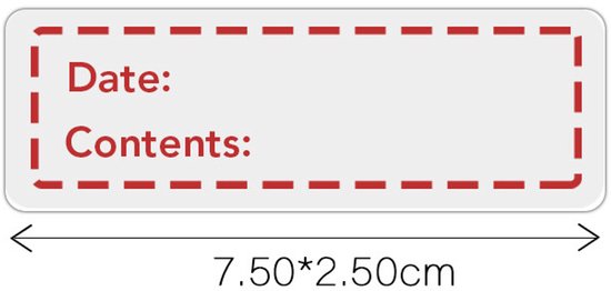 Een enkele blanco houdbaarheidssticker met rode stippellijn. Tekst 'Date:' en 'Contents:' is rood gedrukt. Afmetingen 7.50x2.50cm.