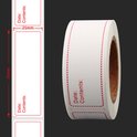 Een rol met blanco houdbaarheidsstickers met rode stippellijn, naast een close-up van één sticker met afmetingen 75mm x 25mm. Tekst 'Date:' en 'Contents:' is rood gedrukt.