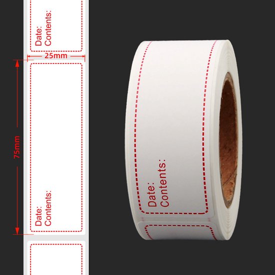 Een rol met blanco houdbaarheidsstickers met rode stippellijn, naast een close-up van één sticker met afmetingen 75mm x 25mm. Tekst 'Date:' en 'Contents:' is rood gedrukt.