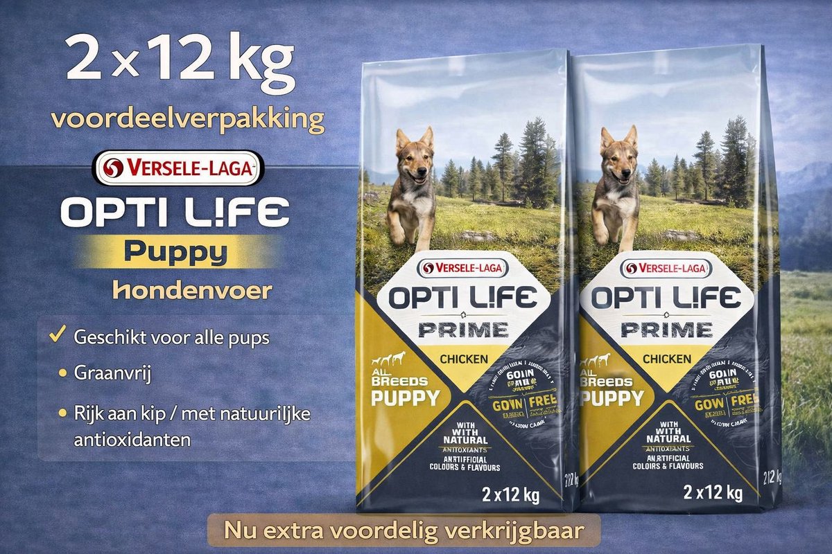 Opti Life Opti Life Prime Puppy All Breeds Kip - Hondenvoer - 2 x 12.5 kg Voordeelverpakking Graanvrij