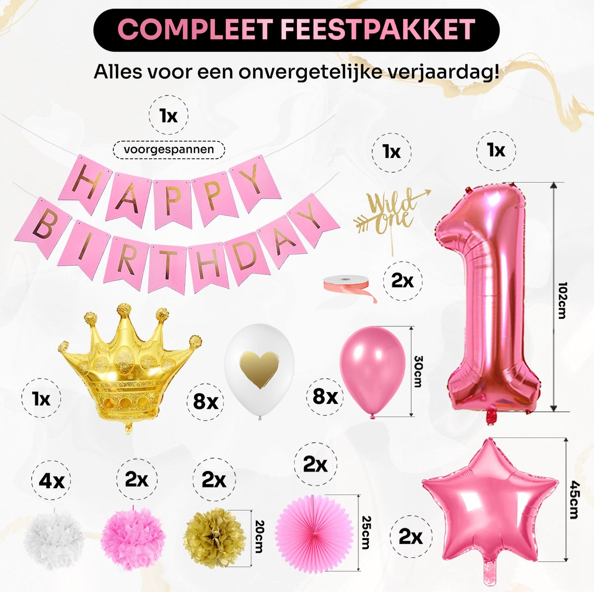 Baby’s 1e Verjaardag Versiering - Feestversiering - Happy Birthday - Feestpakket - Ballonnen - Slinger - 1 Jaar - Verjaardagsfeest - Feestartikelen - Feestdecoratie Roze — afbeelding 4